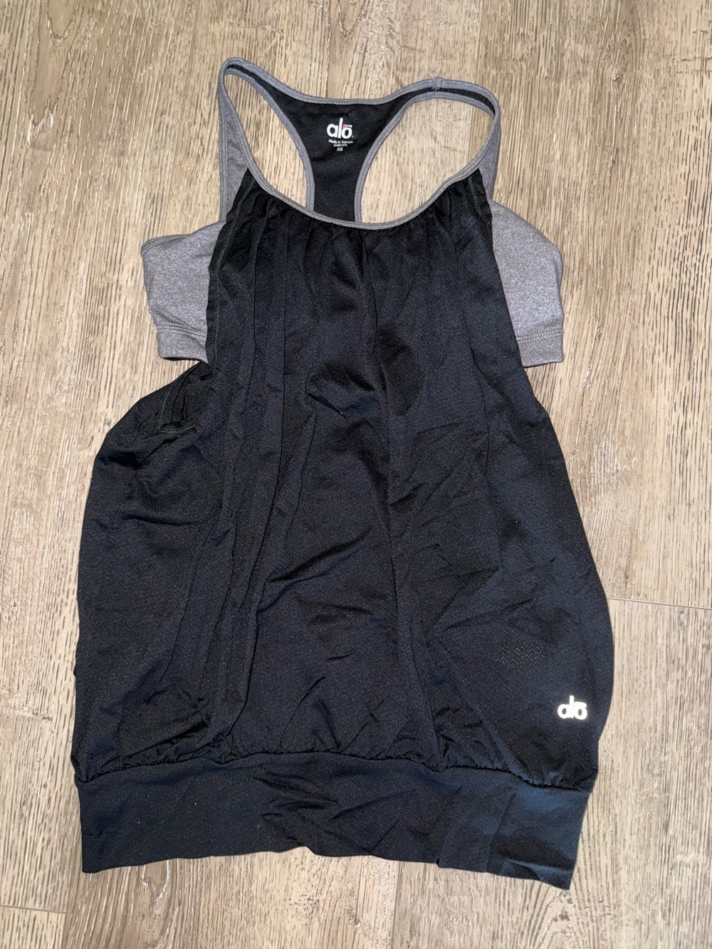 ALO Yoga layered 2-n-one Workout Black Tank with Gray Trim Racerback